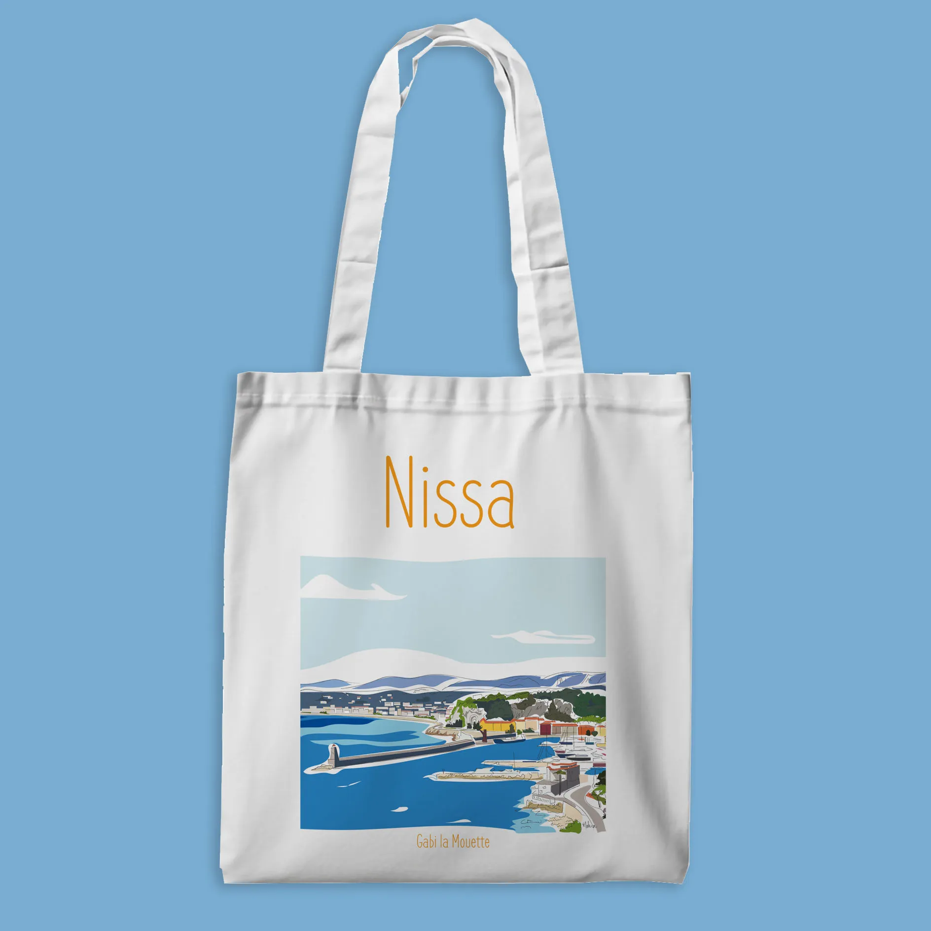 tote bag avec illustration de la ville de nice, la baie bleu