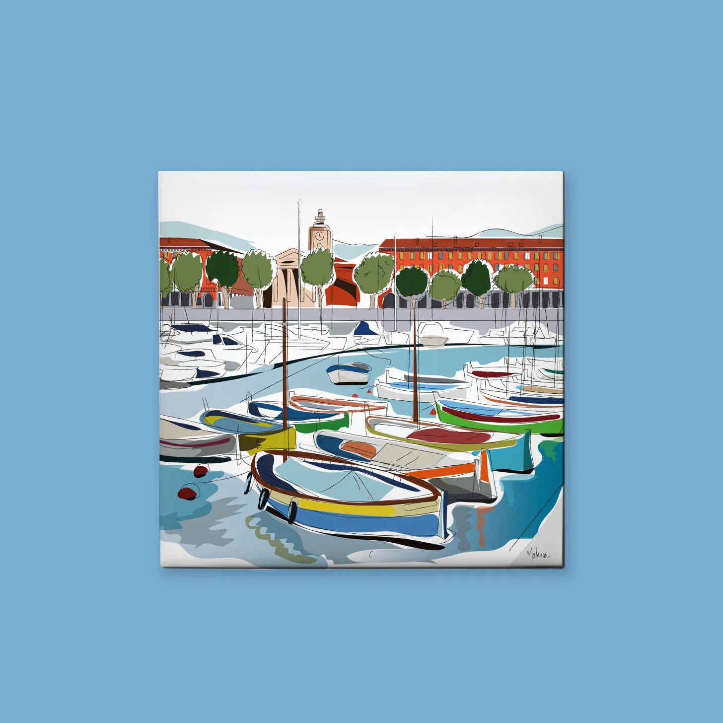 cadre avec dessin illustration de la ville de nice le port