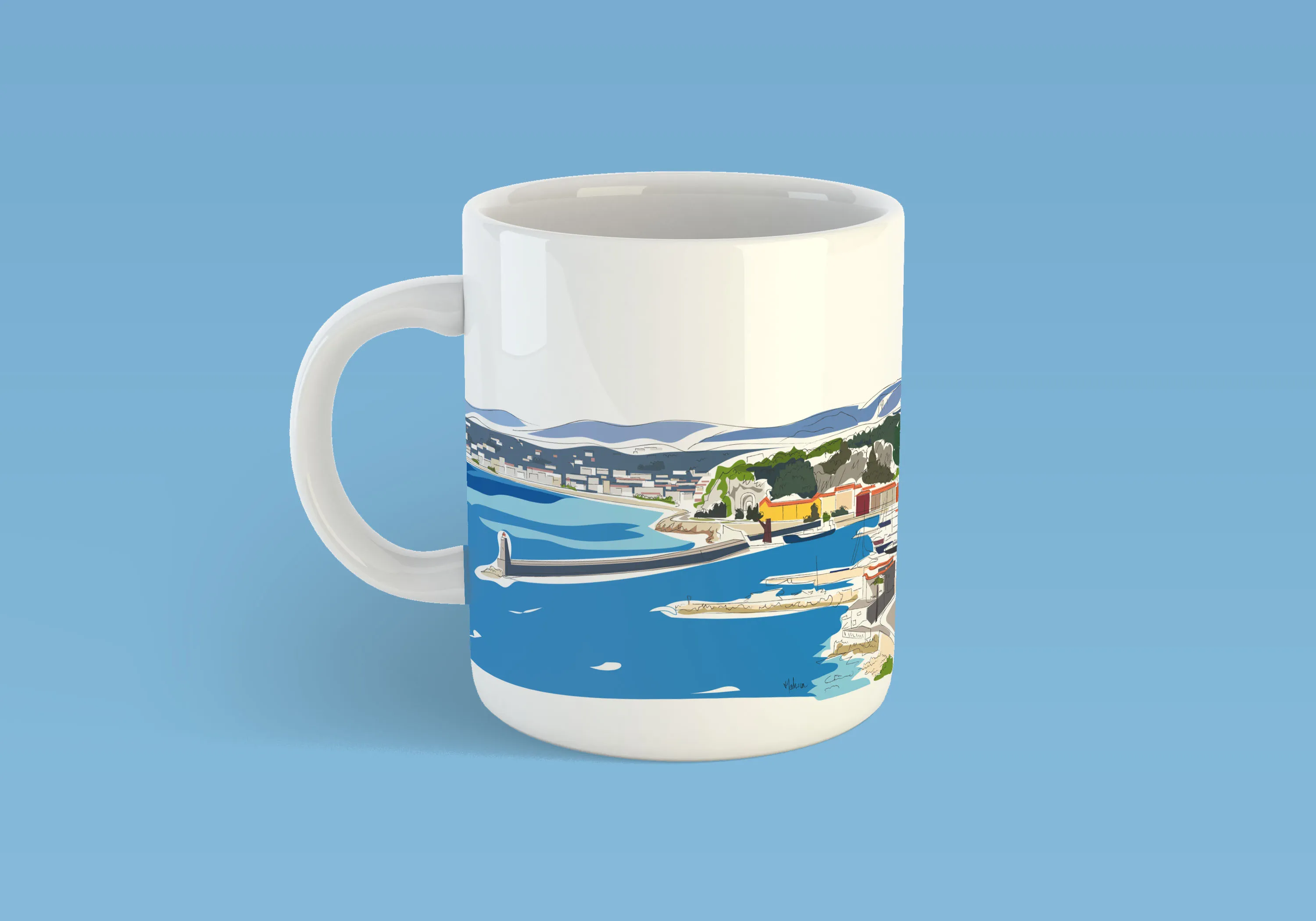 mug avec illustration de la ville de nice, la vue du château la baie bleu